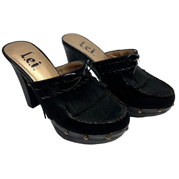 l.e.i. Black Vegan Suede Fringe Mules Platform Cone Heel 7